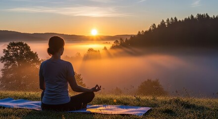 Obraz premium Woman meditating in lotus pose on yoga mat at sunrise with misty landscape. Yoga practice for calm and mindfulness. Outdoor wellness activity