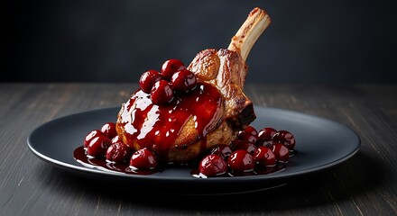 Roasted Bone-in Meat Chop with Sweet Cherry Glaze and Balsamic Sauce