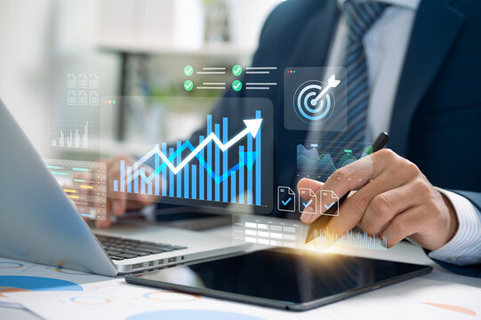 Performance analysis and goal setting in a digital finance concept. business analysis with data dashboard showing upward graph, target, task tracking, and charts and representing strategic planning
