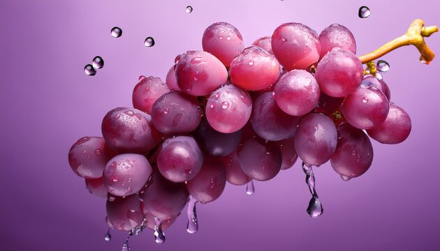 a cluster of grapes with refreshing water droplets floating against a soft purple background highlighting their vibrant color