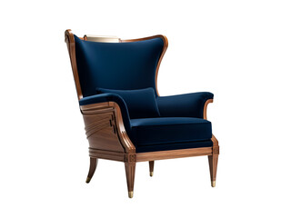Luxury Blue Velvet Wingback Armchair with Detailed Woodwork & Brass Legs Isolated on Transparent Background