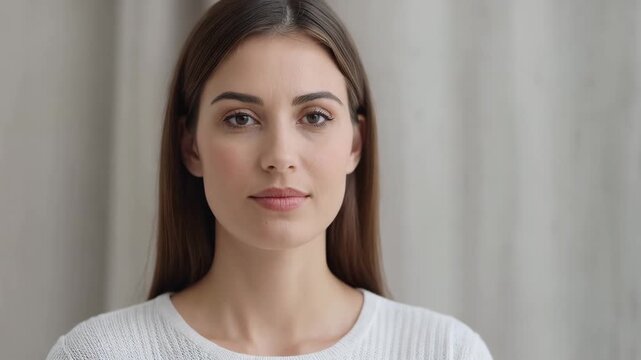 Centered woman portrait indoors with neutral expression and soft light