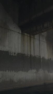 Vertical video: Camera filming concrete wall showing band, rust streaks, beams, pooled water
