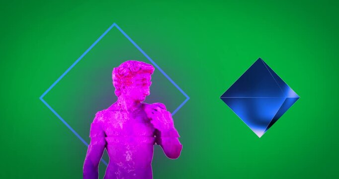 Stylized magenta tinted bust sculpture glitching on transparent void with neon blue diamond frame