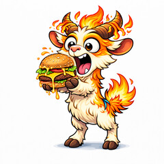Cartoon fire goat holding burger on white background