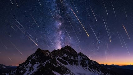 Celestial Symphony: A breathtaking panorama unfolds as a meteor shower streaks across a star-studded sky above a majestic mountain peak, creating a dramatic and awe-inspiring spectacle.