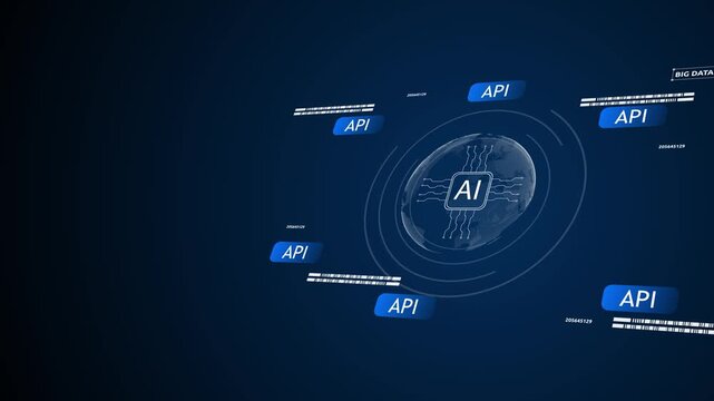 Artificial intelligence integration, AI core connected with multiple API modules, representing software automation, data exchange, system connectivity, scalable architecture, digital transformation.
