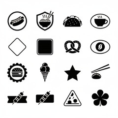 Assortment of 16 Food and Drink Icons in Black and White