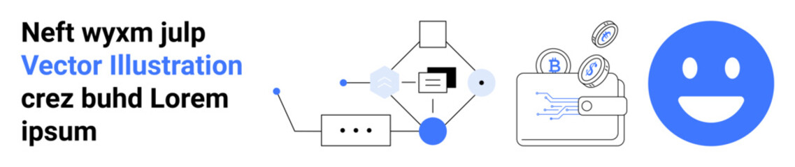 Fototapeta premium Fintech, blockchain technology, data security, cryptocurrency storage, smiling emotion, financial innovation. Wallet with blockchain symbols, interconnected geometric shapes, and happy face