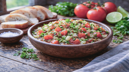 Authentic Latin American appetizer with fresh pebre salsa, herbs, lime and sliced bread in natural light.