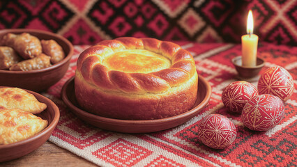 Authentic Moldovan holiday meal featuring Easter bread, sarmale and placinta served with candlelight in rustic home interior.