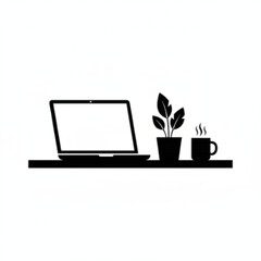 Minimalist Desk Setup with Laptop, Plant, and Coffee Mug