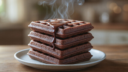 Homemade cocoa waffles topped with flowing chocolate syrup, comfort food concept.
