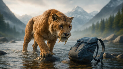 Prehistoric predator encountering modern object in alpine landscape, cinematic fantasy scene.