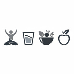 Health and Wellness Icons: Yoga, Water, Nutrition, and Fruit