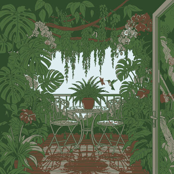 Vector Illustration of Jungle Like Balcony Hiding the PVC Structure with Plants
