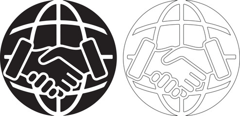 Two handshake over globe icons in black and white line art style