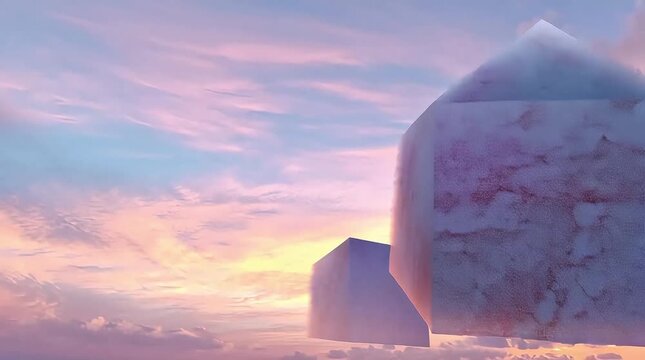 Icebergs floating in the serene arctic landscape at sunset with pastel clouds and a vibrant sky