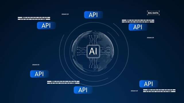 Artificial intelligence integration, AI core connected with multiple API modules, representing software automation, data exchange, system connectivity, scalable architecture, digital transformation.