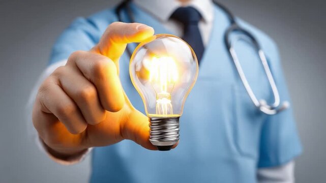 Illuminating Insight: A medical professional holds up a glowing lightbulb, symbolizing innovation, bright ideas, and the power of knowledge and insight.