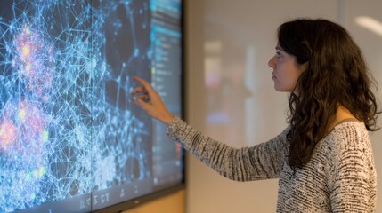 Researcher interacts with a predictive genetic modeling interface showcasing advanced bioinformatics technology for innovative therapy development.