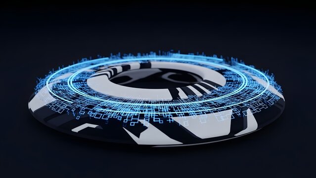 Futuristic circular interface with blue neon lights - Powered by Adobe