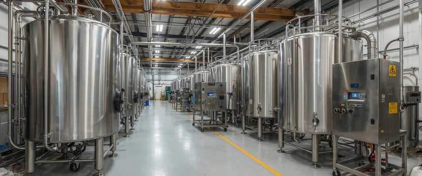 Modern industrial brewery with large stainless steel fermentation tanks in a clean production facility
