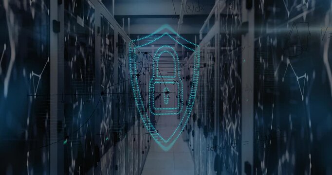 Digital shield and lock icon over data servers in secure server room