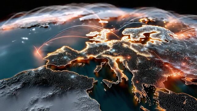 Global Network in Low Light: Illuminating the world with interconnected data, showcasing the flow of information across continents through the network's intricate and radiant pathways.