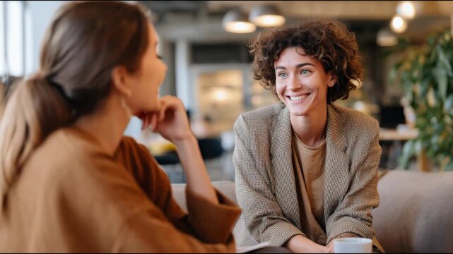 Two happy female colleagues laughing and enjoying a conversation in a modern office lounge