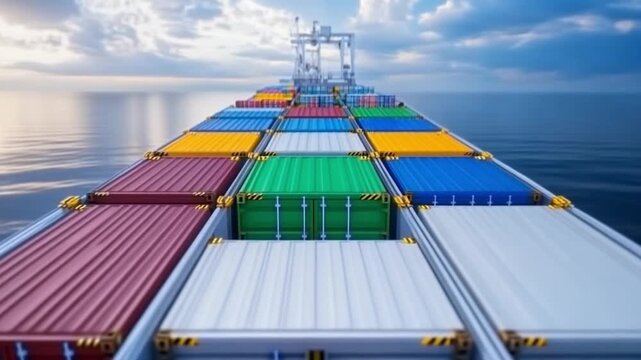 Global Maritime Logistics: A panoramic view from the bow of a cargo ship, showcasing rows of brightly colored shipping containers laden with goods, navigating the open ocean.