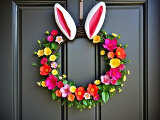 Bunny-shaped wreath crafted with artificial flowers and greenery, a whimsical entryway accent,  greenery,  floral