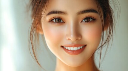 Naklejka premium Asian woman smiling, healthy teeth, beauty close-up, soft light background
