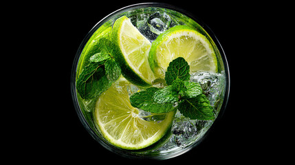 Refreshing mojito cocktail with lime mint and crushed ice in tall glass with condensation