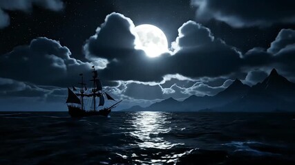 Sailboat glides across serene ocean waters under full moonlight with distant mountains in the background - Powered by Adobe