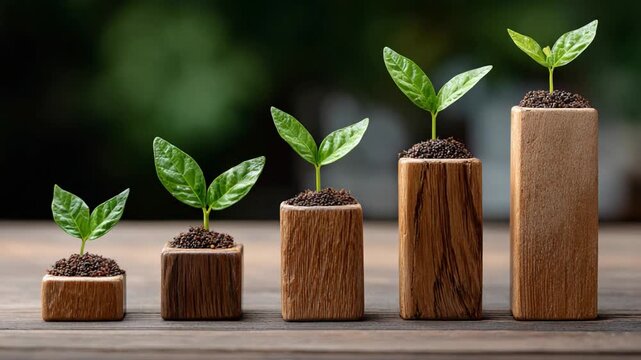Growth Spurt: A visual metaphor of growth unfolds as five vibrant saplings, meticulously planted in wooden blocks, ascend in height, symbolizing development and progress.