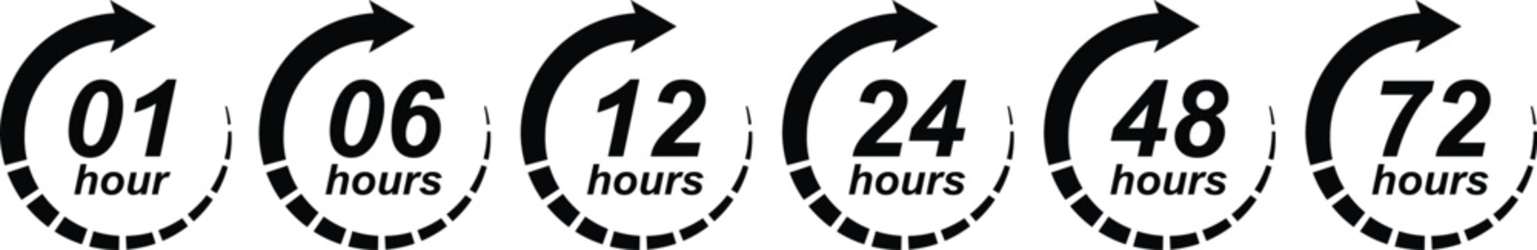 Set of hours left countdown timer icons with clock arrow for limited time offer, promotion sale badge, hour remaining time indicator label collection for e-commerce marketing design isolated