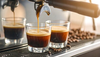 Freshly Brewed Espresso Shot Pouring into Clear Glasses on a Coffee Bar Counter Under Soft Morning Light