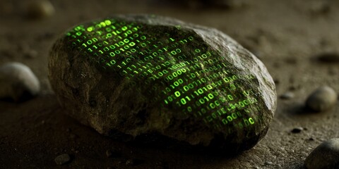 a rock with green glowing binary code carved into it