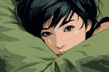 a sad girl with short black hair is lying in bed, covered by the blanket, in a close-up of her face.