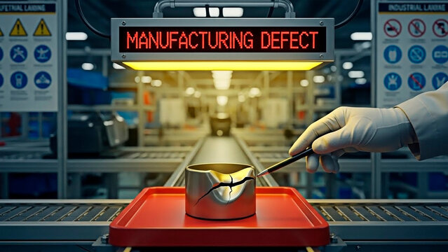 A gloved hand inspecting a manufacturing defect on a production line