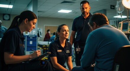 Two women and a man provide crisis support to a patient in a medical environment. Healthcare professionals offering assistance and care
