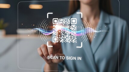 A woman scanning a QR code to sign in on transparent background