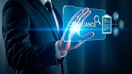 A businessman interacting with a compliance folder 