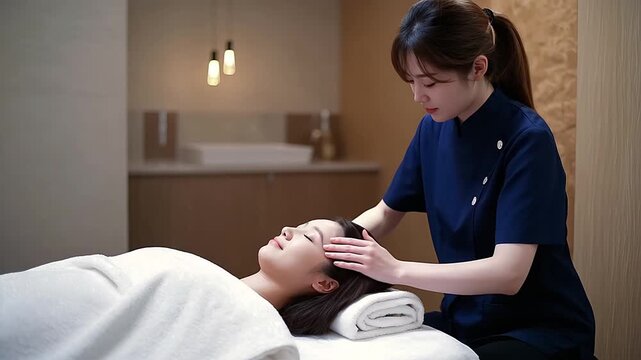 A professional therapist in a blue uniform performs a relaxing facial massage for a young woman in a modern wellness center. The client is lying on a couch with her eyes closed. Warm dim lighting, cle