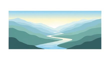 Serene river valley illustration with rolling hills and mountains under a clear sky at sunrise or sunset.