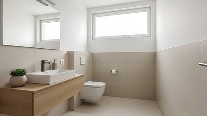 Fototapeta premium Contemporary and bright bathroom design featuring a stylish floating vanity, elegant fixtures, and natural light