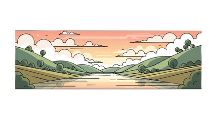 Serene river valley illustration with lush green hills, trees, and a calm river under a vibrant orange sky with white clouds.