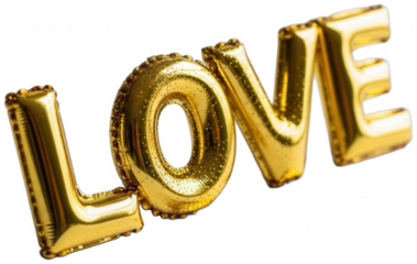 Valentine Inflatable gold foil balloon love lettering in 3d realistic style on transparent background