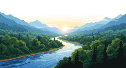 Serene river valley illustration with lush green trees and mountains at sunset, featuring a winding river and a peaceful atmosphere.